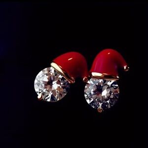Santa Hat Crystal Stud Earrings Red Gold Christmas Holiday Jewelry